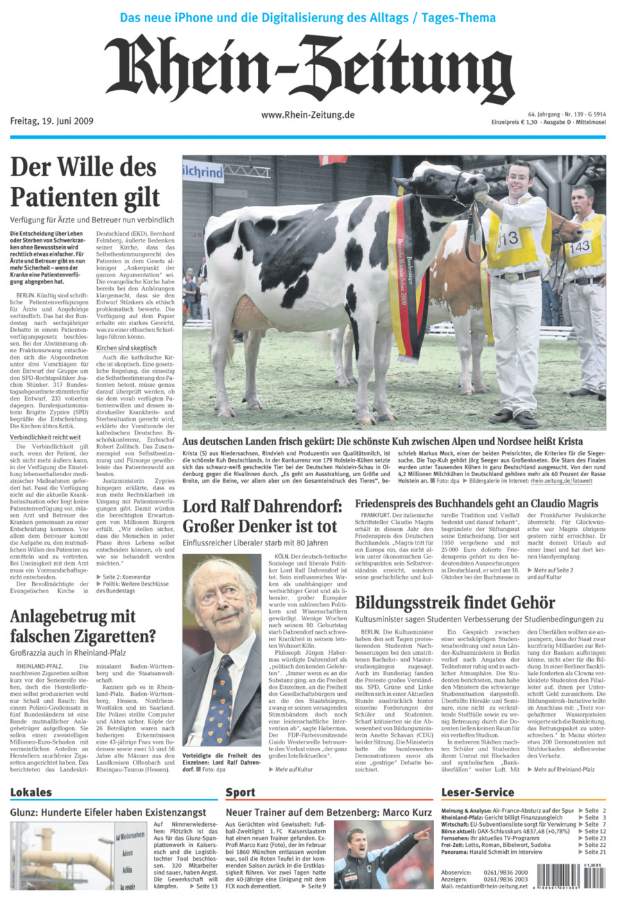 Rhein-Zeitung Kreis Cochem-Zell vom Freitag, 19.06.2009