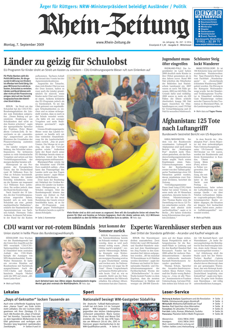 Rhein-Zeitung Kreis Cochem-Zell vom Montag, 07.09.2009