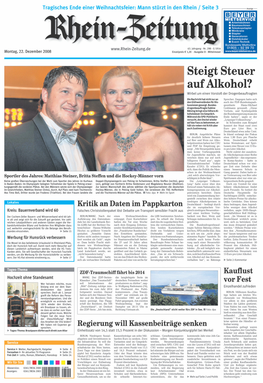 Rhein-Zeitung Kreis Cochem-Zell vom Montag, 22.12.2008