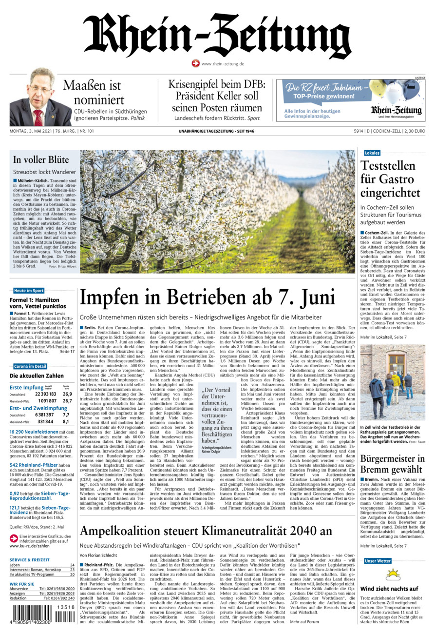 Rhein-Zeitung Kreis Cochem-Zell vom Montag, 03.05.2021