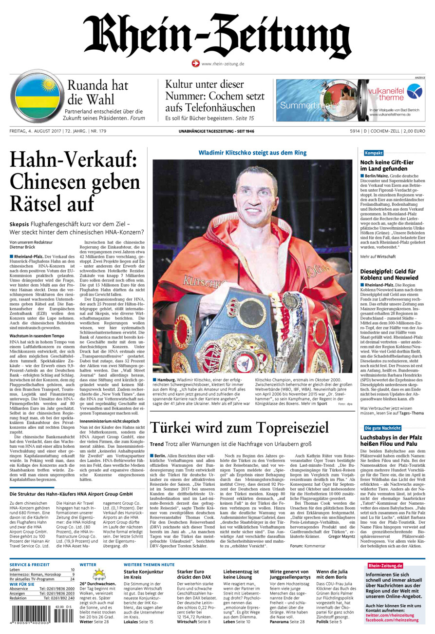Rhein-Zeitung Kreis Cochem-Zell vom Freitag, 04.08.2017