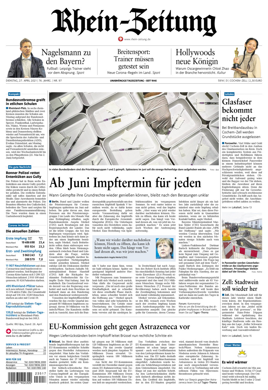 Rhein-Zeitung Kreis Cochem-Zell vom Dienstag, 27.04.2021