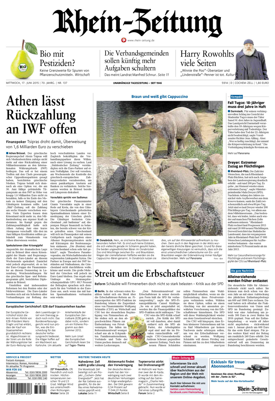 Rhein-Zeitung Kreis Cochem-Zell vom Mittwoch, 17.06.2015