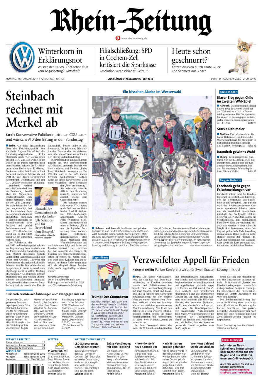 Rhein-Zeitung Kreis Cochem-Zell vom Montag, 16.01.2017