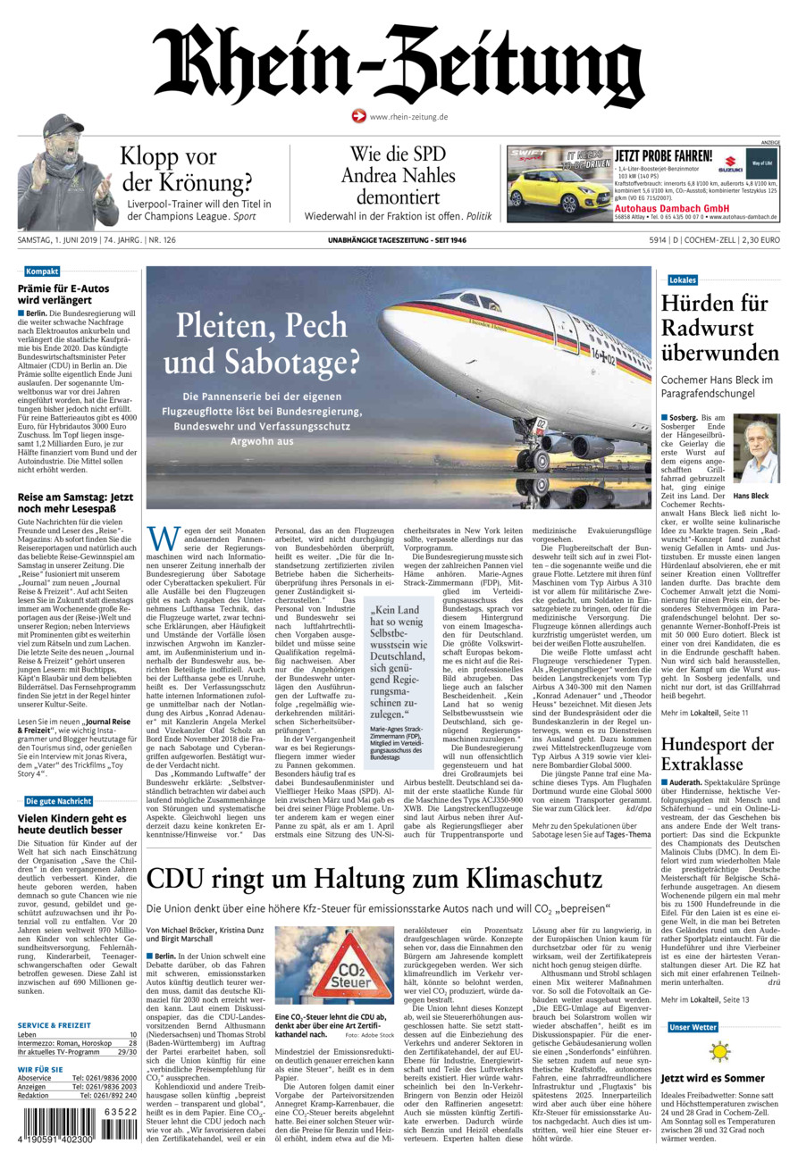 Rhein-Zeitung Kreis Cochem-Zell vom Samstag, 01.06.2019