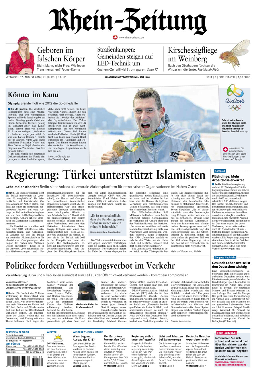 Rhein-Zeitung Kreis Cochem-Zell vom Mittwoch, 17.08.2016
