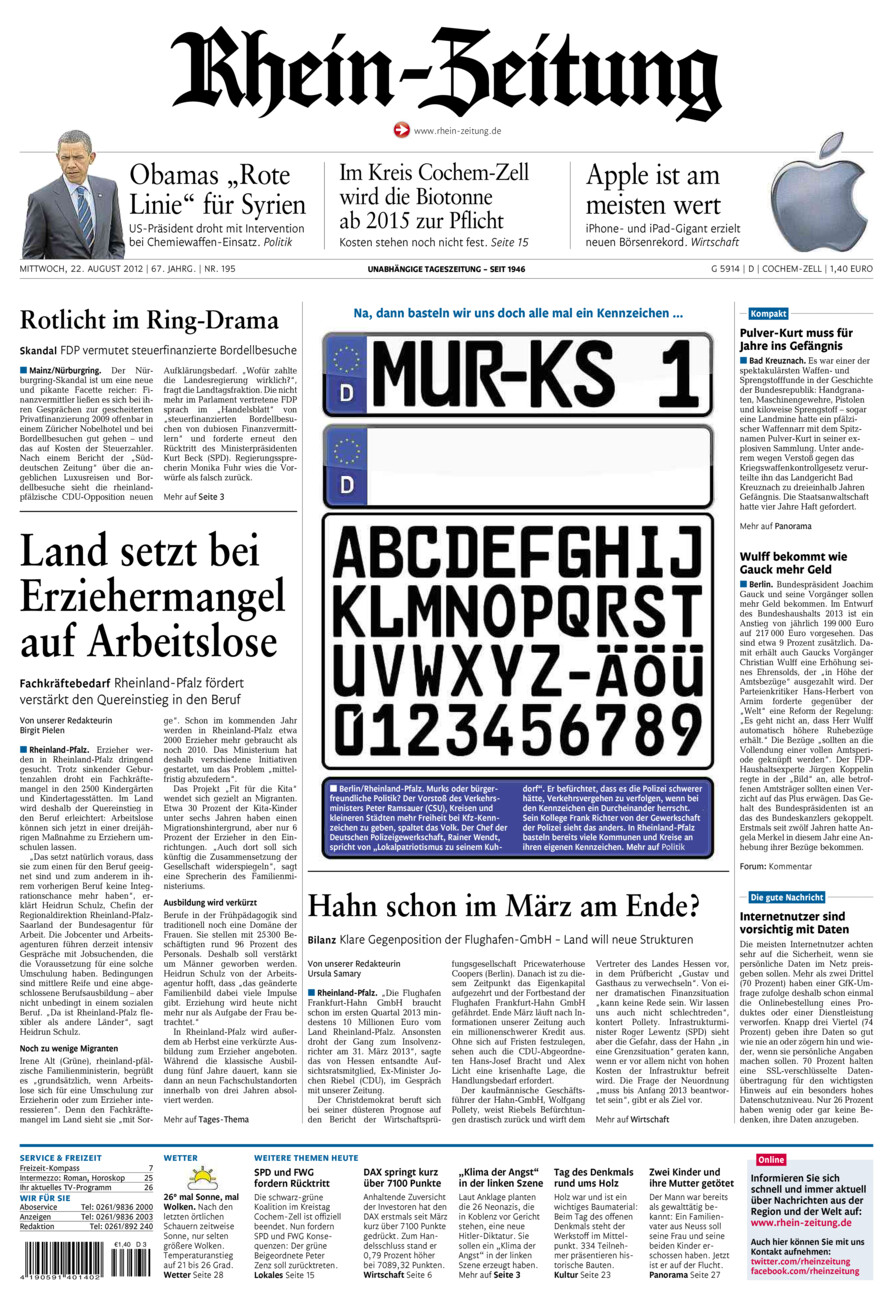 Rhein-Zeitung Kreis Cochem-Zell vom Mittwoch, 22.08.2012