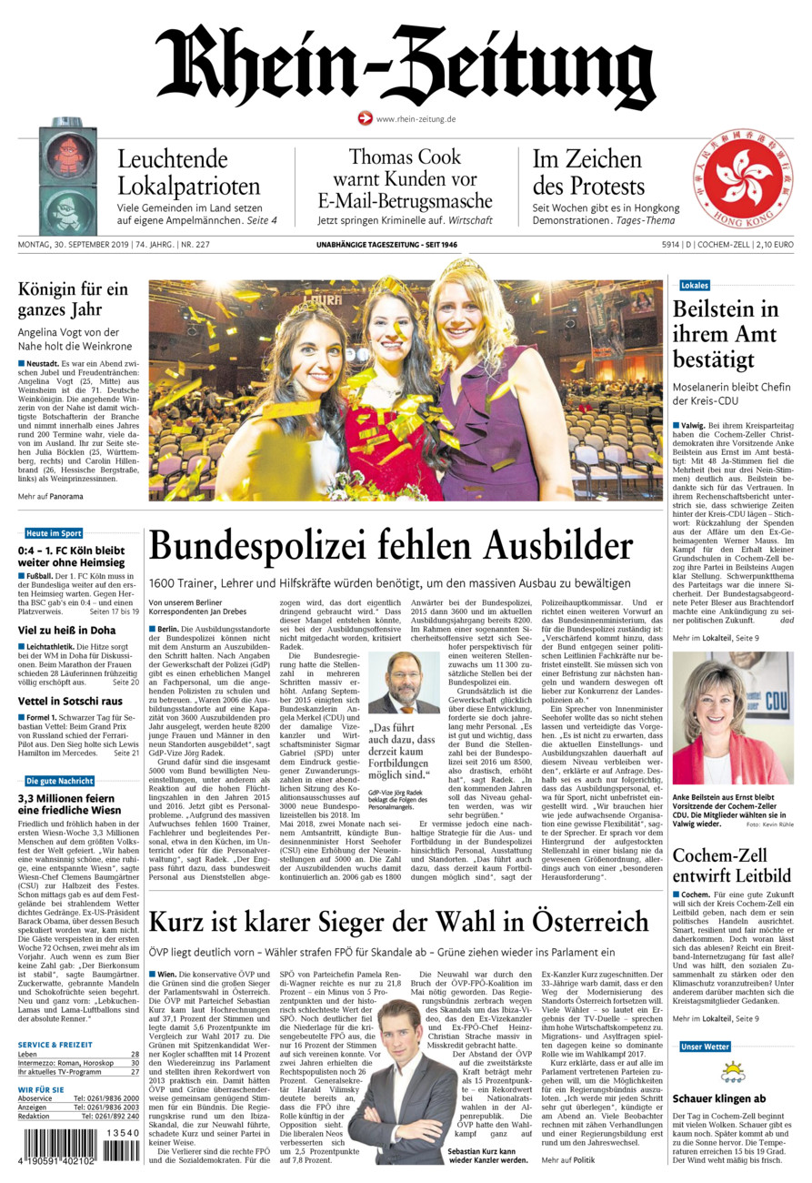 Rhein-Zeitung Kreis Cochem-Zell vom Montag, 30.09.2019