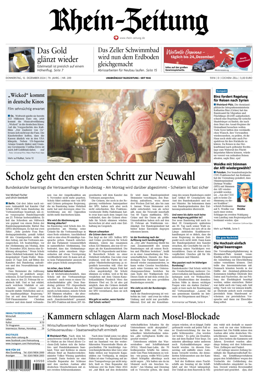 Rhein-Zeitung Kreis Cochem-Zell vom Donnerstag, 12.12.2024