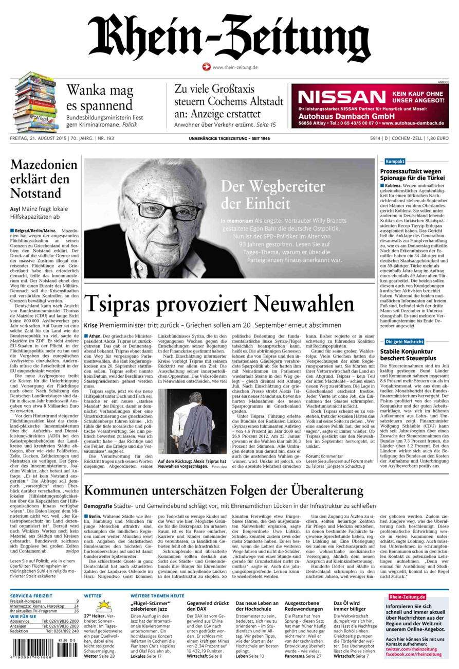 Rhein-Zeitung Kreis Cochem-Zell vom Freitag, 21.08.2015
