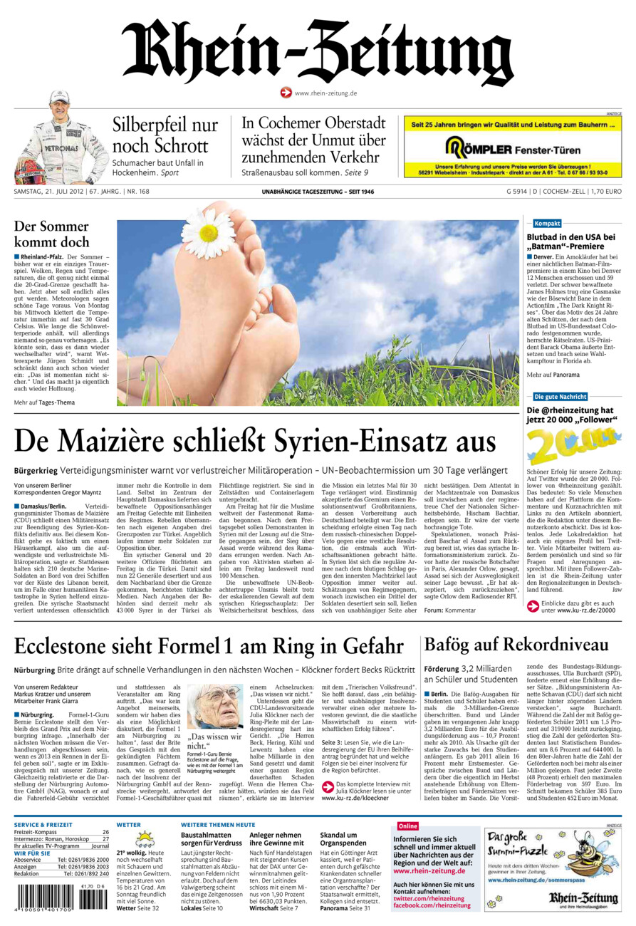 Rhein-Zeitung Kreis Cochem-Zell vom Samstag, 21.07.2012