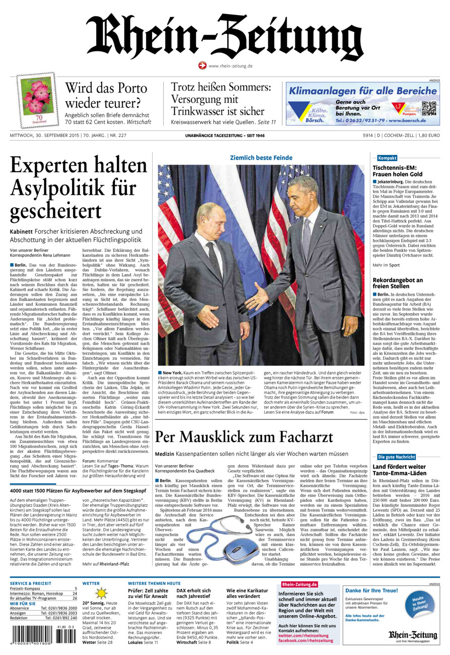 Rhein-Zeitung Kreis Cochem-Zell vom Mittwoch, 30.09.2015