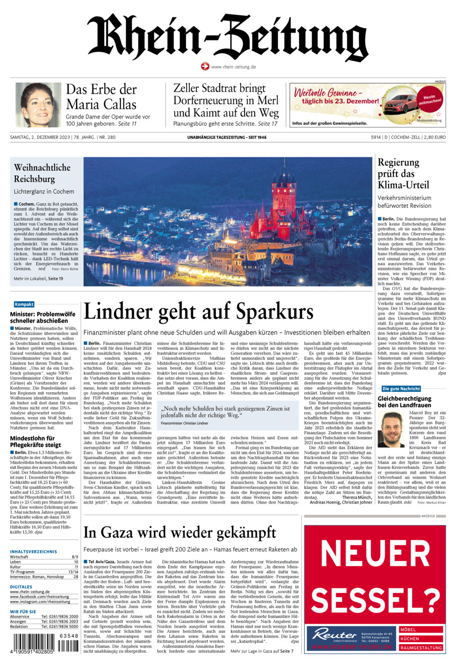 Rhein-Zeitung Kreis Cochem-Zell vom Samstag, 02.12.2023
