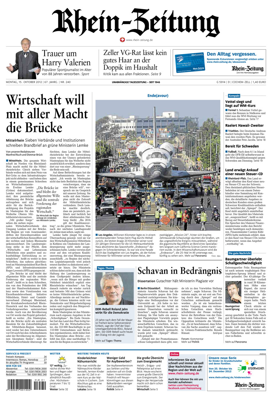 Rhein-Zeitung Kreis Cochem-Zell vom Montag, 15.10.2012