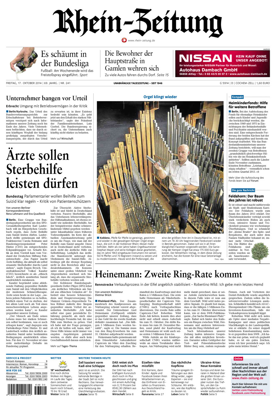 Rhein-Zeitung Kreis Cochem-Zell vom Freitag, 17.10.2014