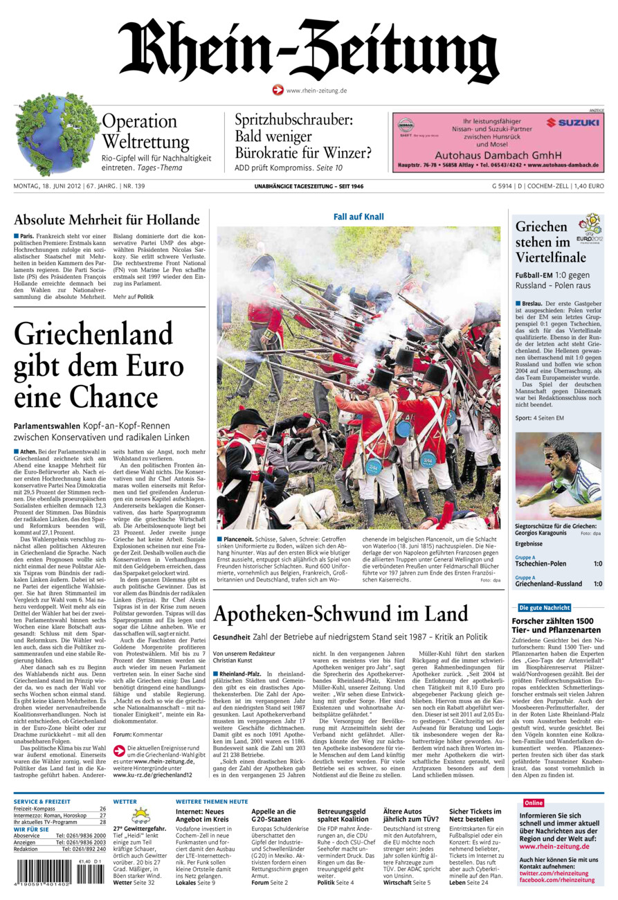Rhein-Zeitung Kreis Cochem-Zell vom Montag, 18.06.2012