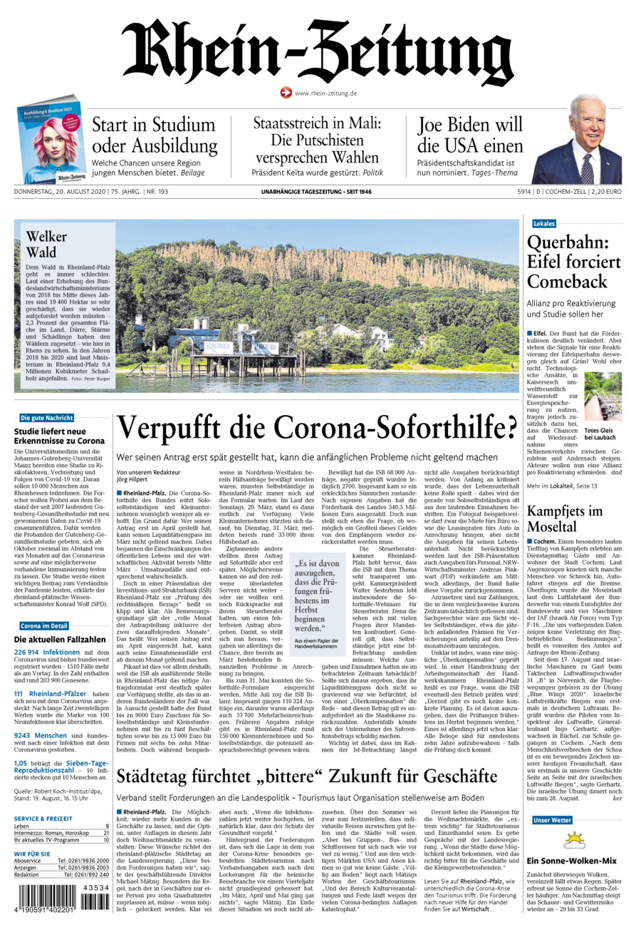 Rhein-Zeitung Kreis Cochem-Zell vom Donnerstag, 20.08.2020