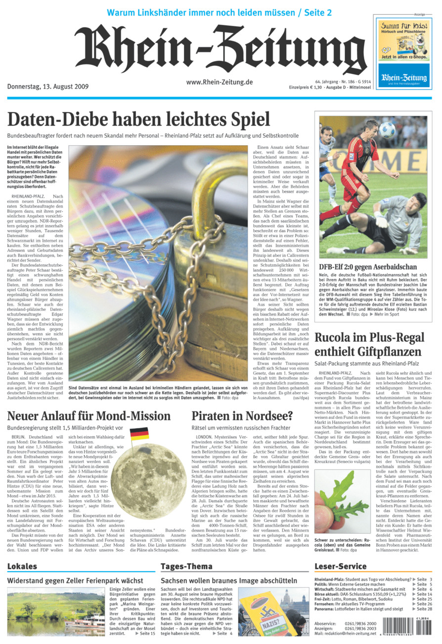 Rhein-Zeitung Kreis Cochem-Zell vom Donnerstag, 13.08.2009