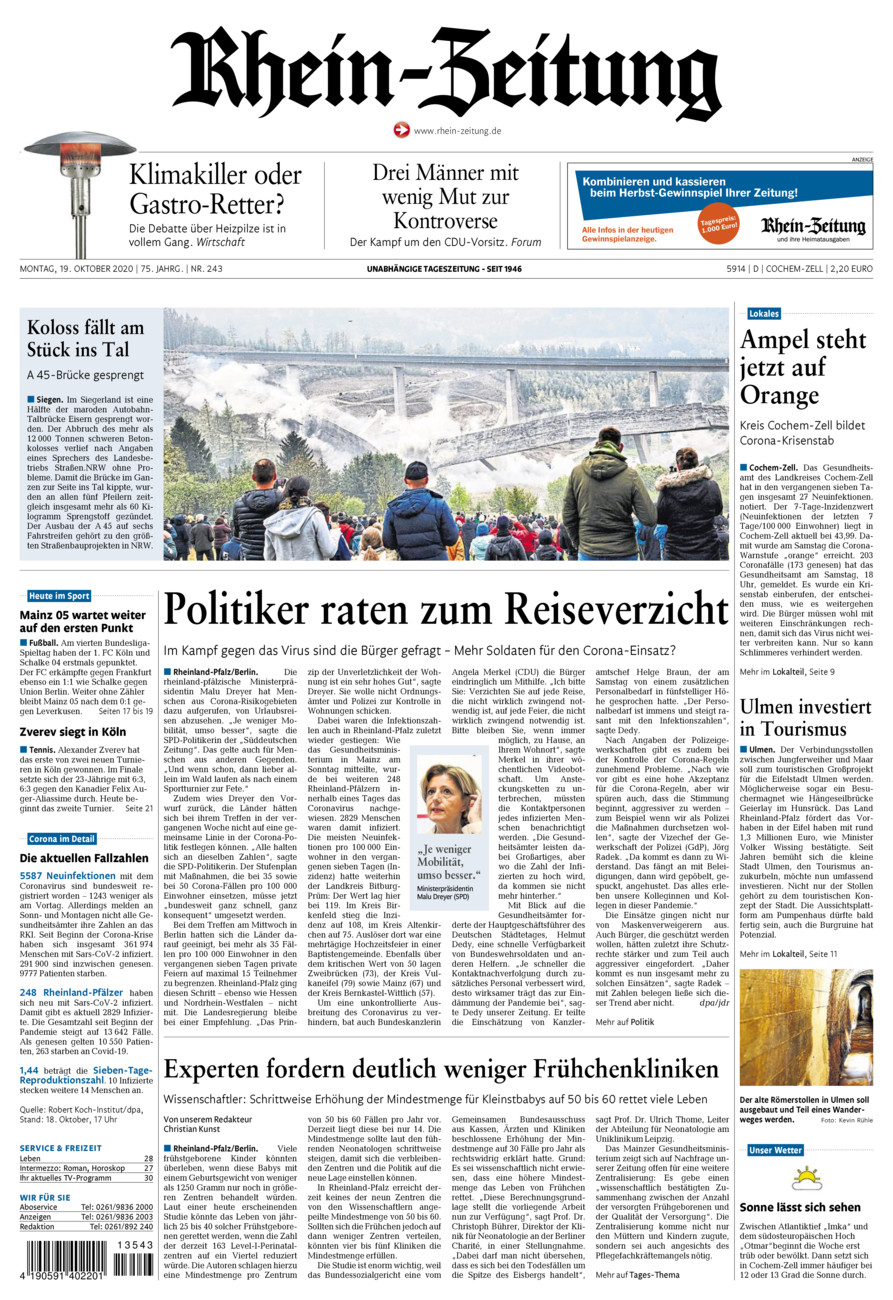 Rhein-Zeitung Kreis Cochem-Zell vom Montag, 19.10.2020