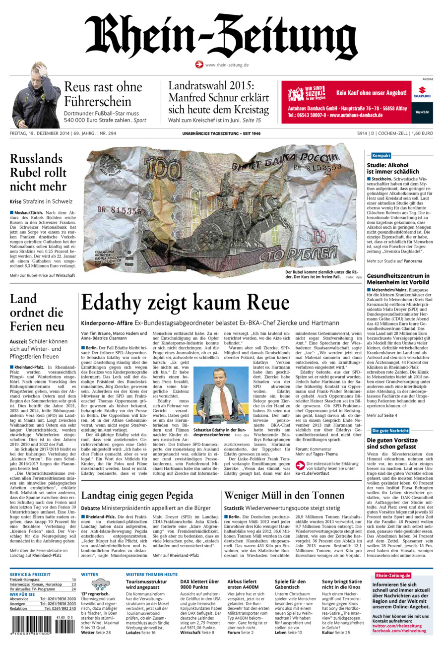 Rhein-Zeitung Kreis Cochem-Zell vom Freitag, 19.12.2014