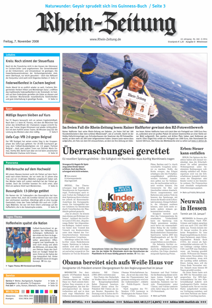 Rhein-Zeitung Kreis Cochem-Zell vom Freitag, 07.11.2008