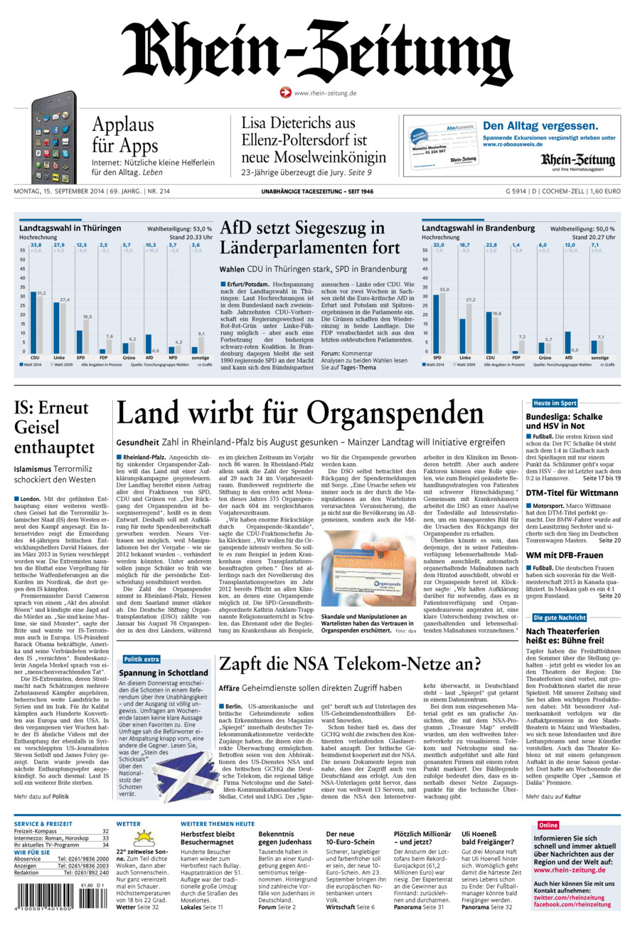 Rhein-Zeitung Kreis Cochem-Zell vom Montag, 15.09.2014