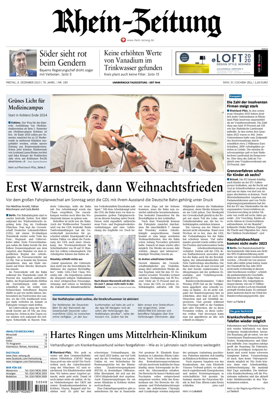 Rhein-Zeitung Kreis Cochem-Zell vom Freitag, 08.12.2023