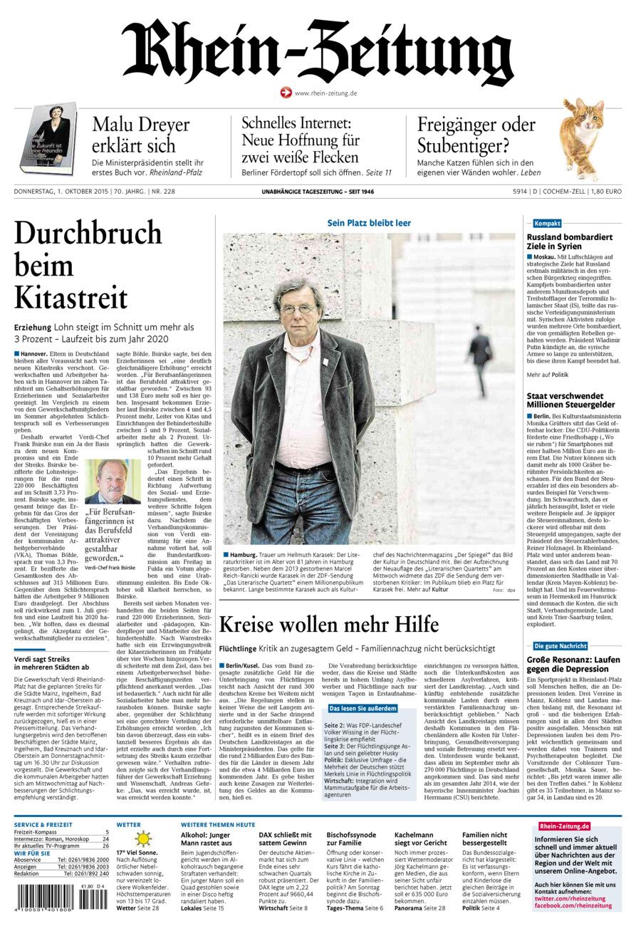 Rhein-Zeitung Kreis Cochem-Zell vom Donnerstag, 01.10.2015