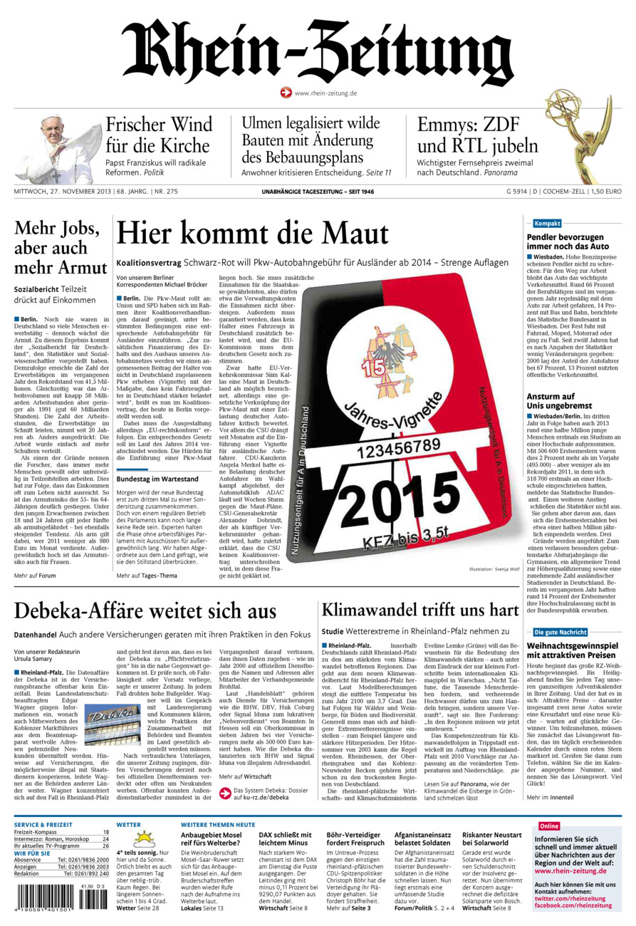 Rhein-Zeitung Kreis Cochem-Zell vom Mittwoch, 27.11.2013
