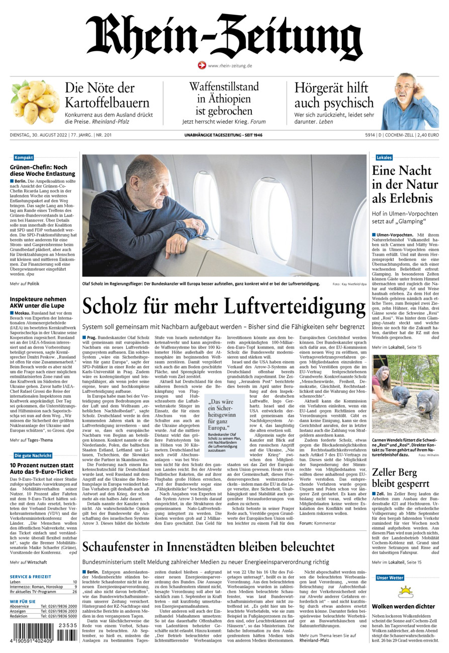 Rhein-Zeitung Kreis Cochem-Zell vom Dienstag, 30.08.2022