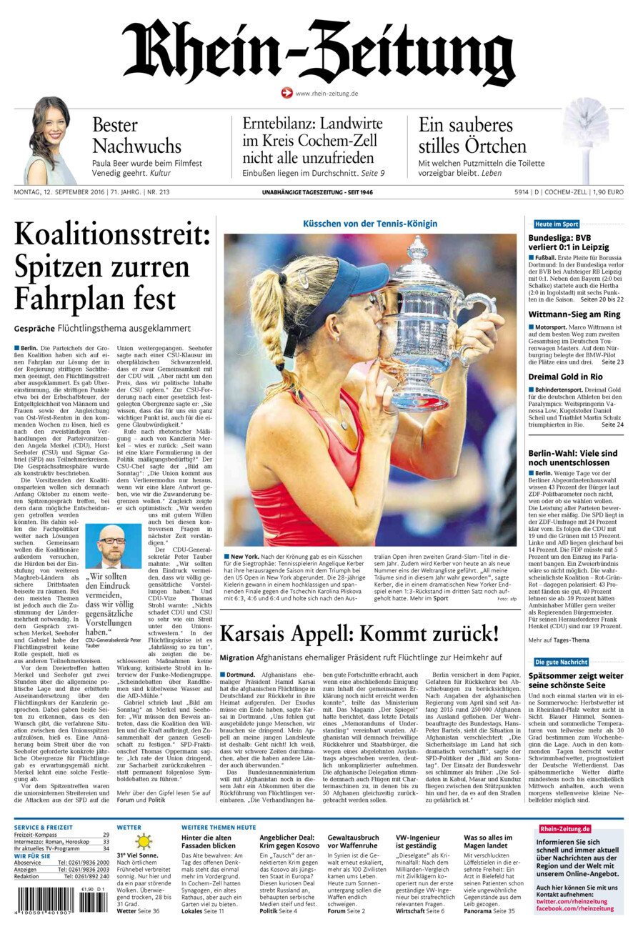 Rhein-Zeitung Kreis Cochem-Zell vom Montag, 12.09.2016