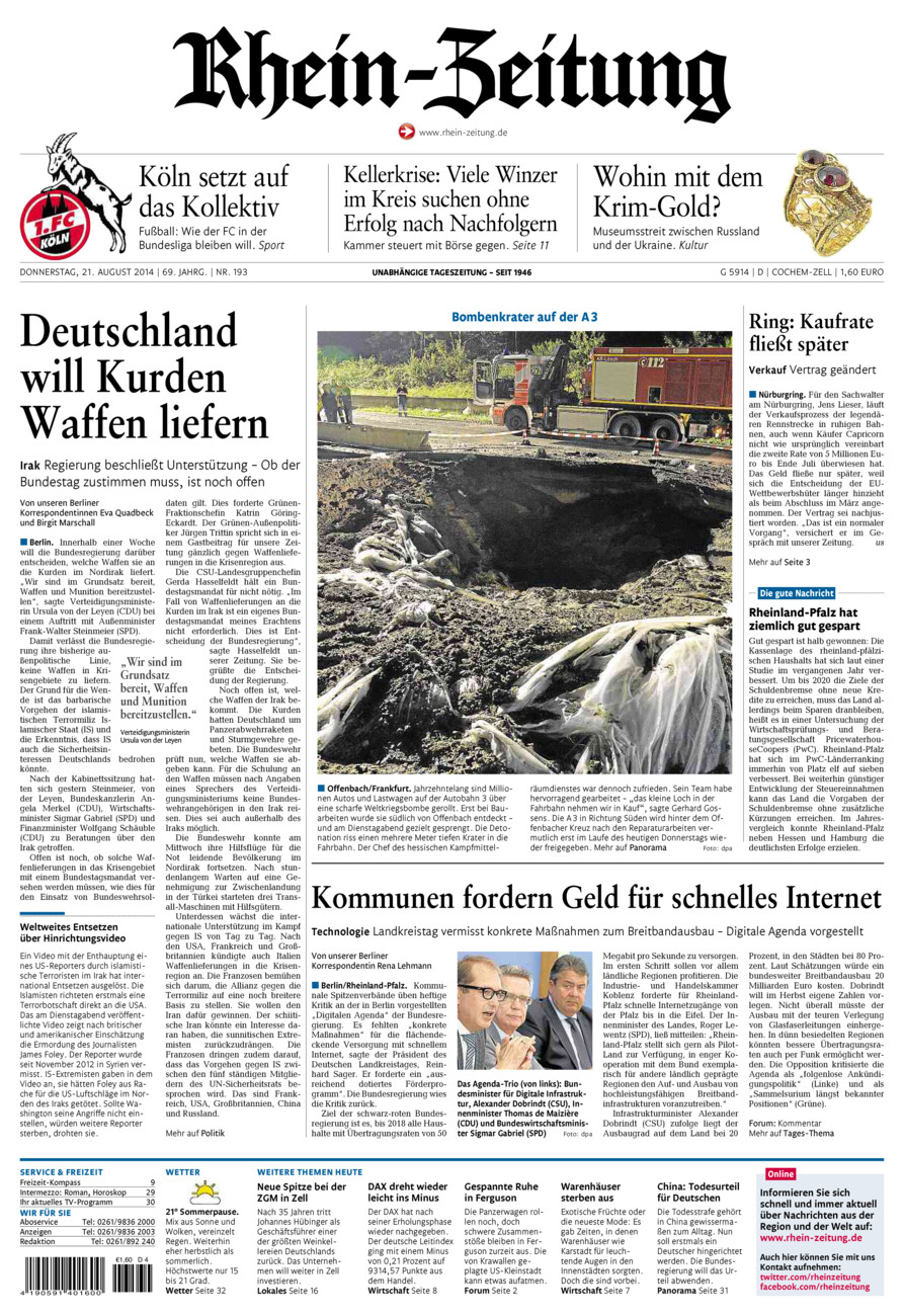 Rhein-Zeitung Kreis Cochem-Zell vom Donnerstag, 21.08.2014