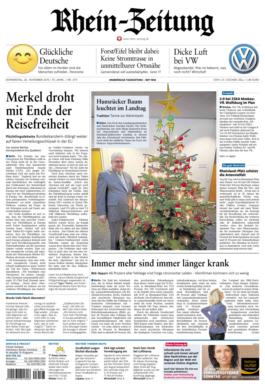 Rhein-Zeitung Kreis Cochem-Zell vom Donnerstag, 26.11.2015