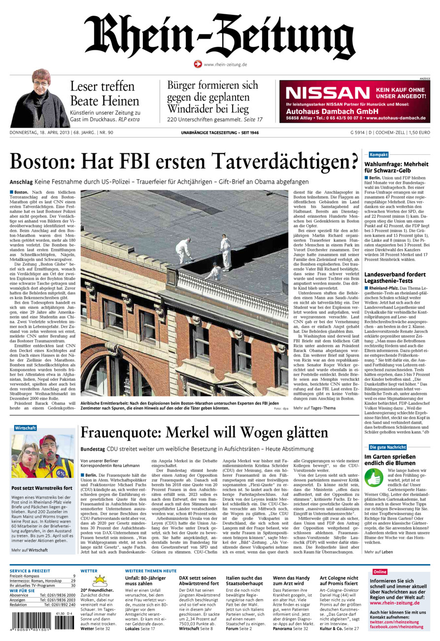 Rhein-Zeitung Kreis Cochem-Zell vom Donnerstag, 18.04.2013