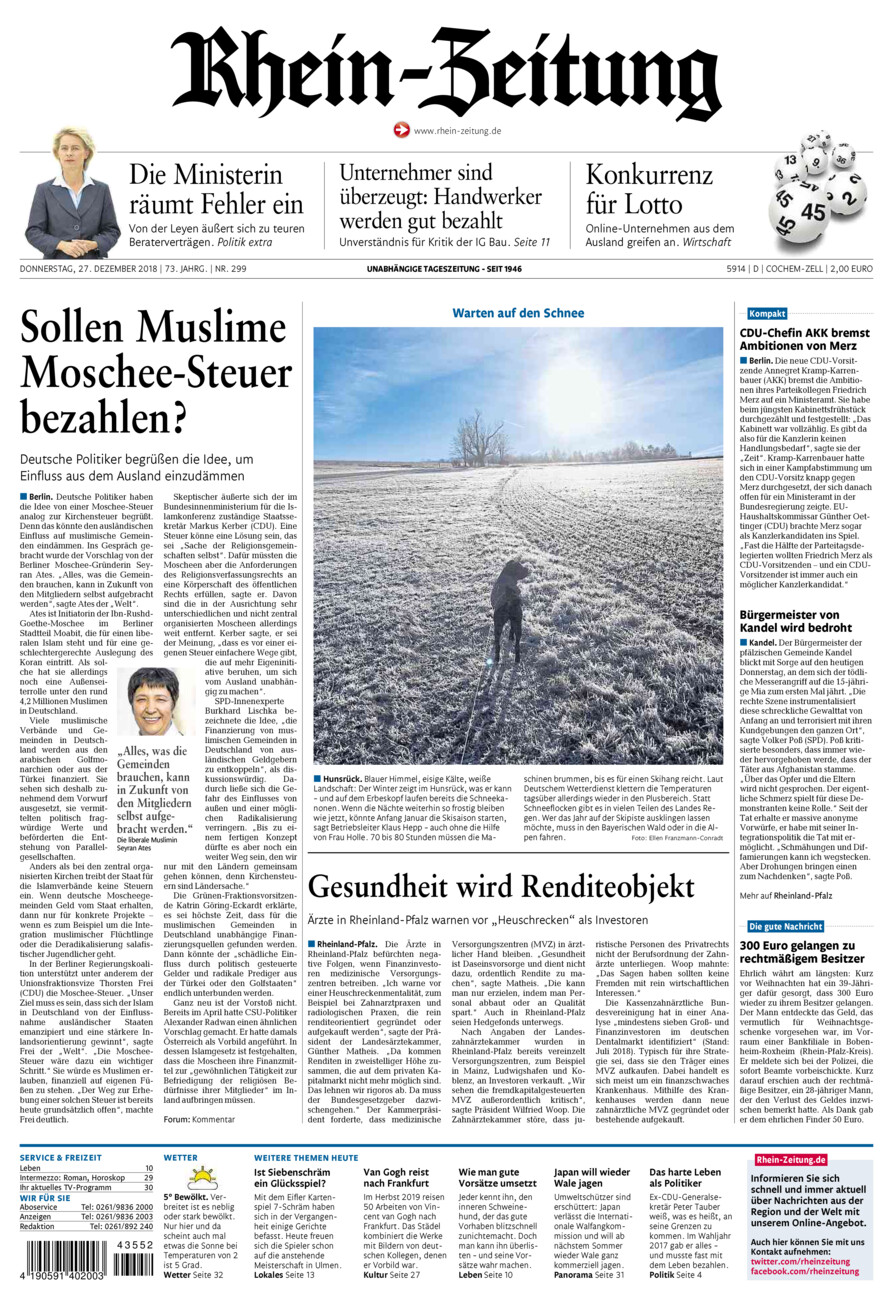 Rhein-Zeitung Kreis Cochem-Zell vom Donnerstag, 27.12.2018