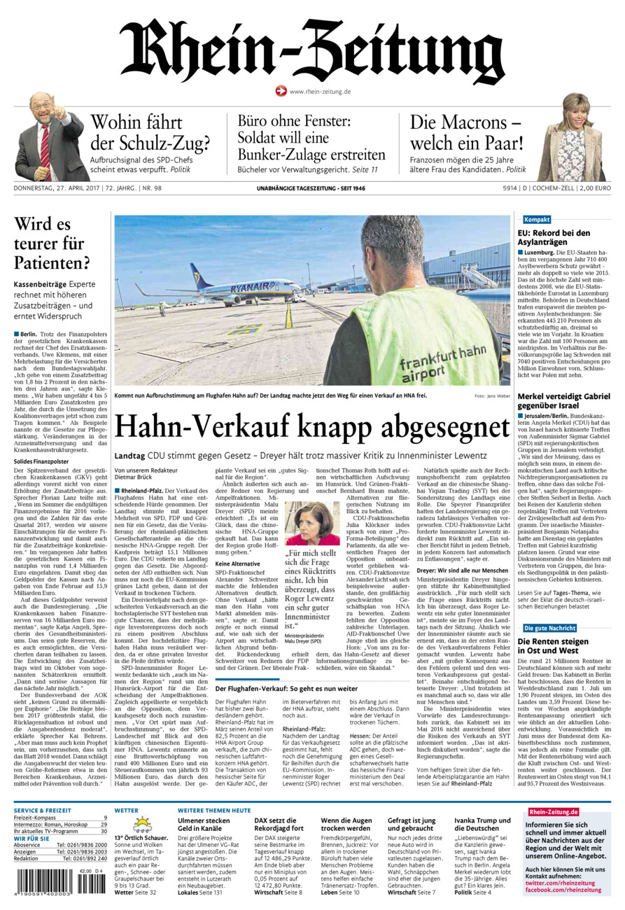 Rhein-Zeitung Kreis Cochem-Zell vom Donnerstag, 27.04.2017