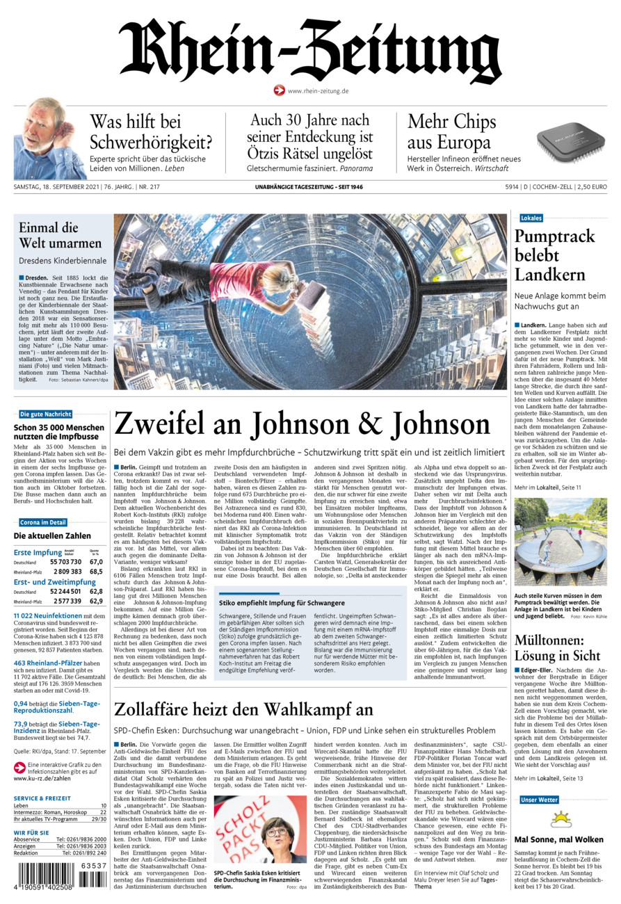 Rhein-Zeitung Kreis Cochem-Zell vom Samstag, 18.09.2021