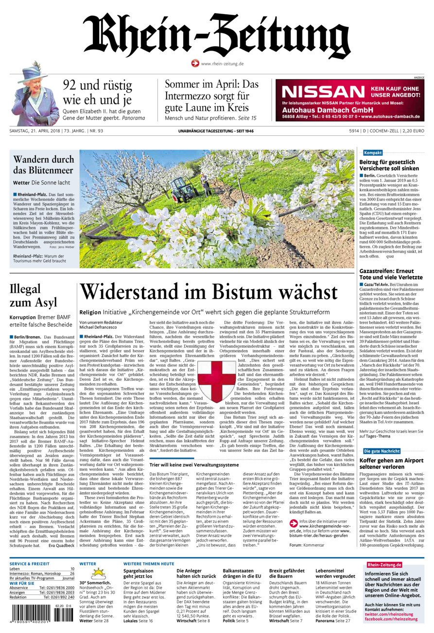 Rhein-Zeitung Kreis Cochem-Zell vom Samstag, 21.04.2018