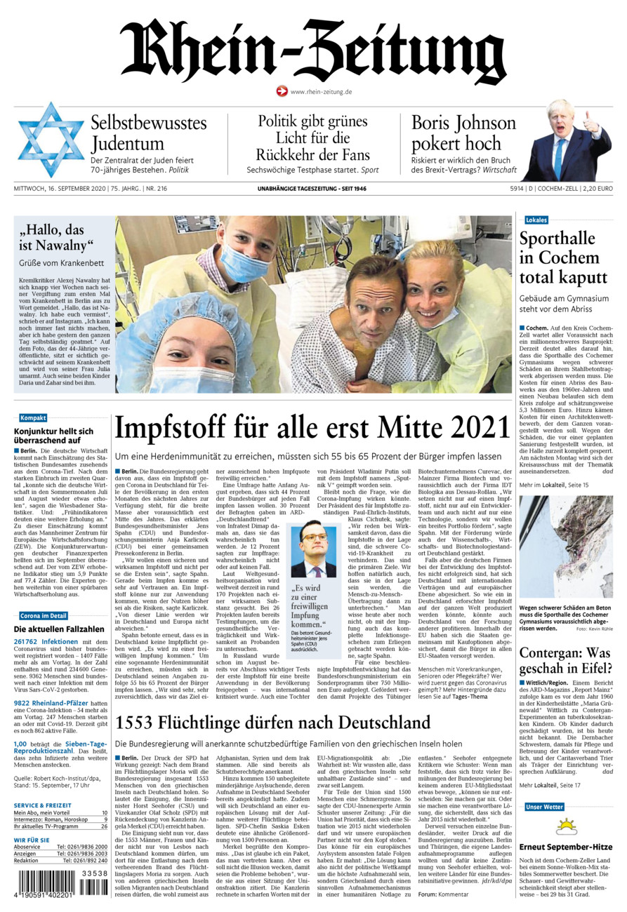 Rhein-Zeitung Kreis Cochem-Zell vom Mittwoch, 16.09.2020