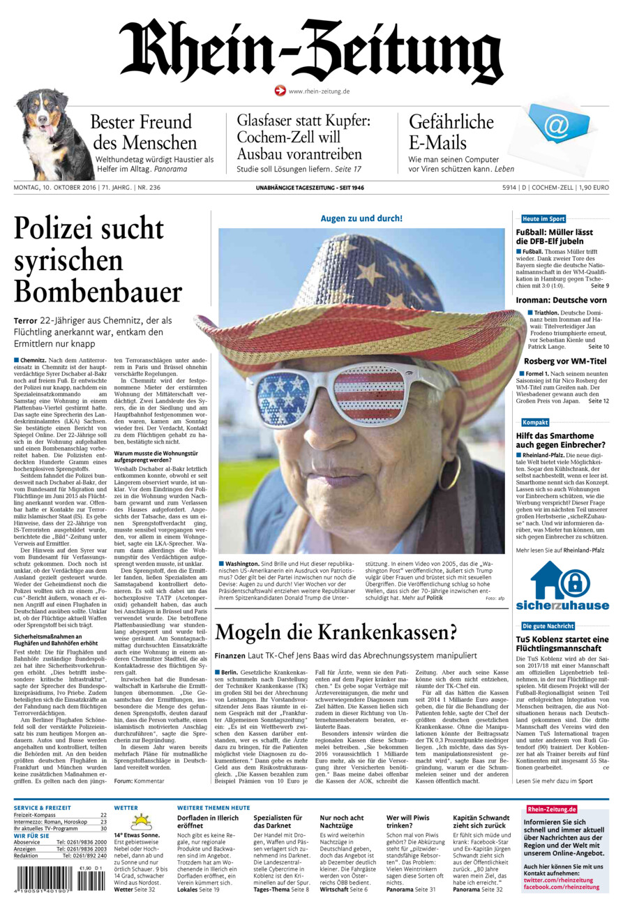 Rhein-Zeitung Kreis Cochem-Zell vom Montag, 10.10.2016