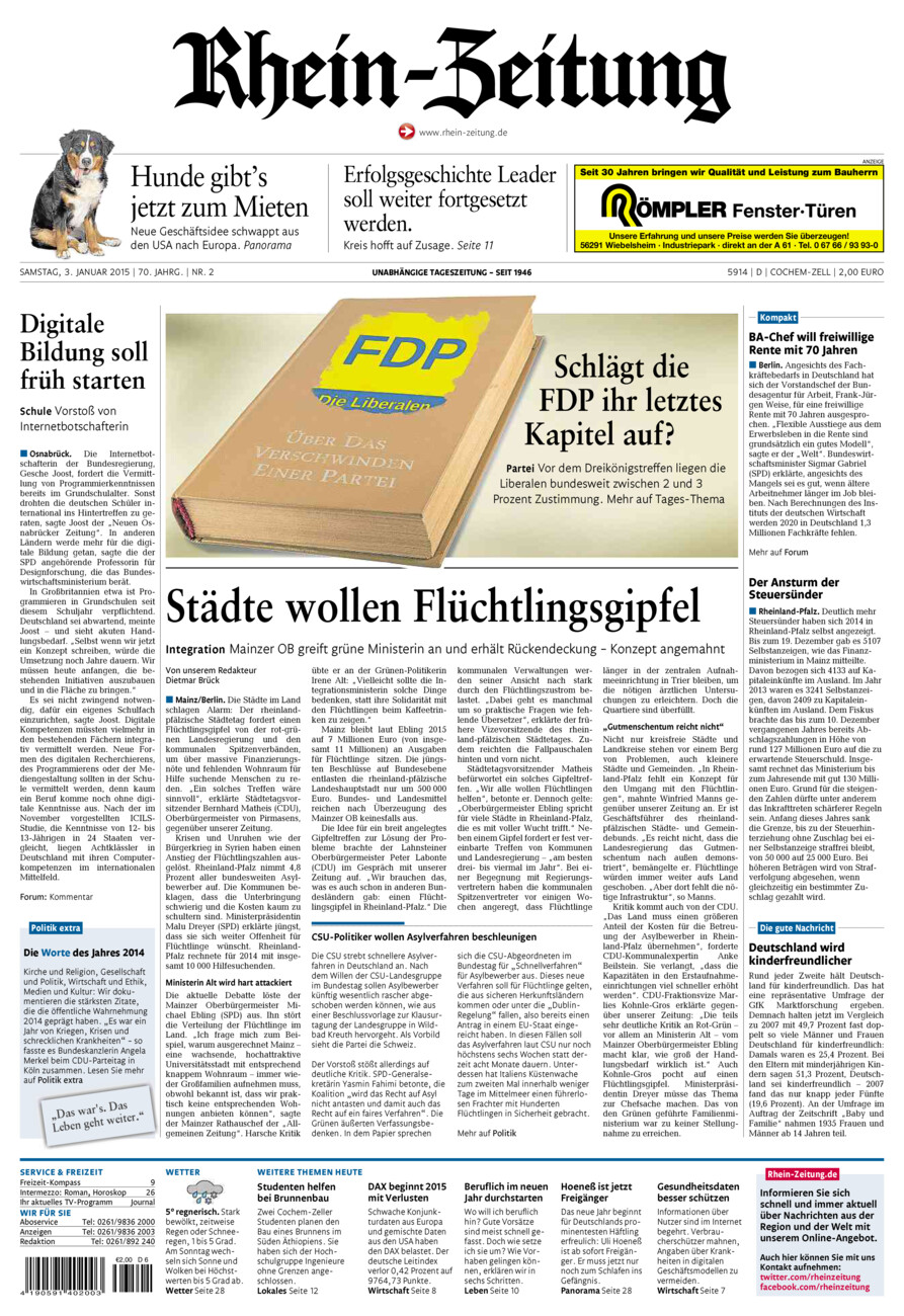 Rhein-Zeitung Kreis Cochem-Zell vom Samstag, 03.01.2015