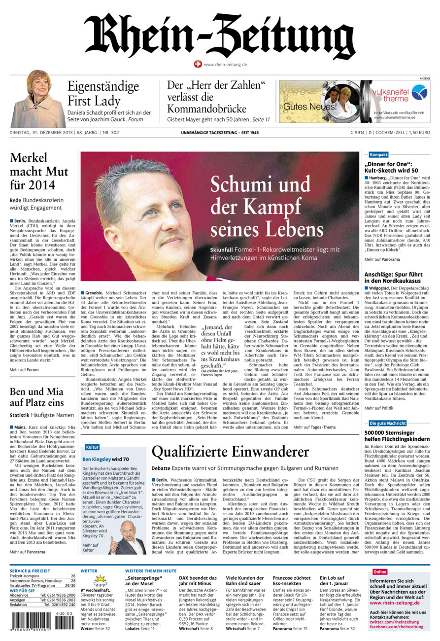 Rhein-Zeitung Kreis Cochem-Zell vom Dienstag, 31.12.2013