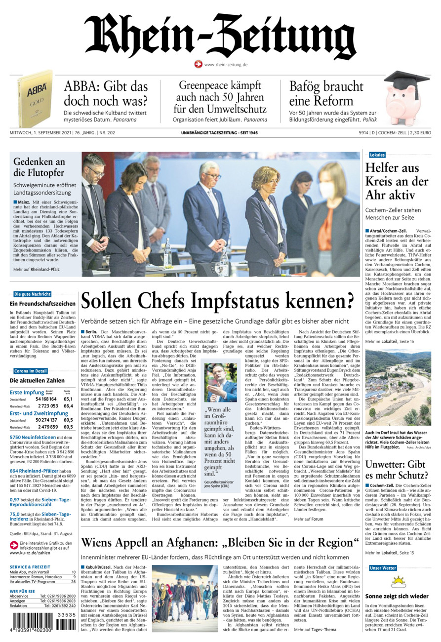 Rhein-Zeitung Kreis Cochem-Zell vom Mittwoch, 01.09.2021
