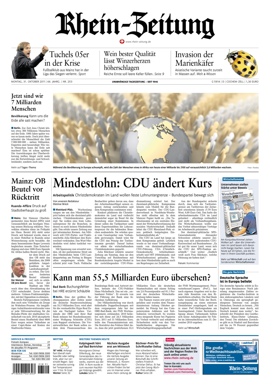 Rhein-Zeitung Kreis Cochem-Zell vom Montag, 31.10.2011