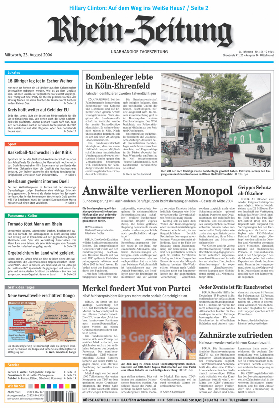Rhein-Zeitung Kreis Cochem-Zell vom Mittwoch, 23.08.2006