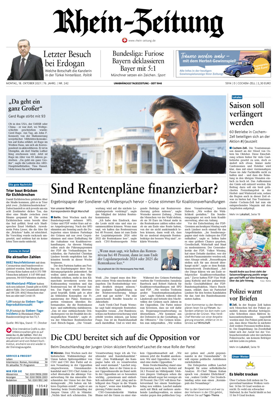 Rhein-Zeitung Kreis Cochem-Zell vom Montag, 18.10.2021