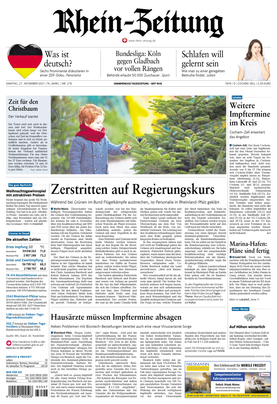 Rhein-Zeitung Kreis Cochem-Zell vom Samstag, 27.11.2021
