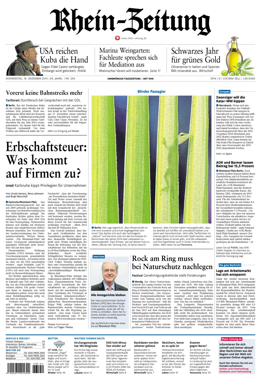 Rhein-Zeitung Kreis Cochem-Zell vom Donnerstag, 18.12.2014