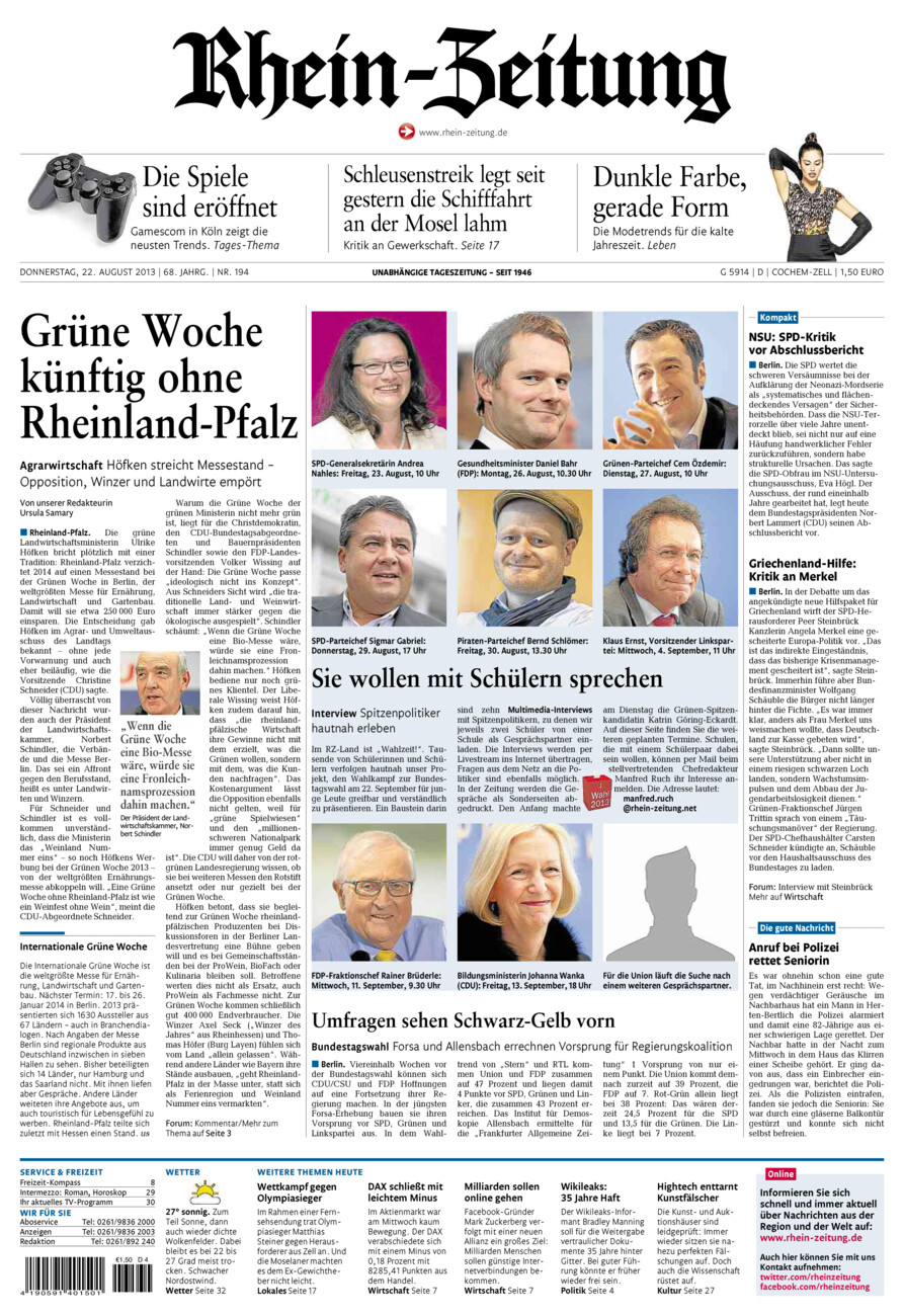 Rhein-Zeitung Kreis Cochem-Zell vom Donnerstag, 22.08.2013