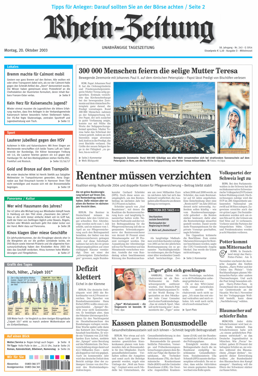Rhein-Zeitung Kreis Cochem-Zell vom Montag, 20.10.2003